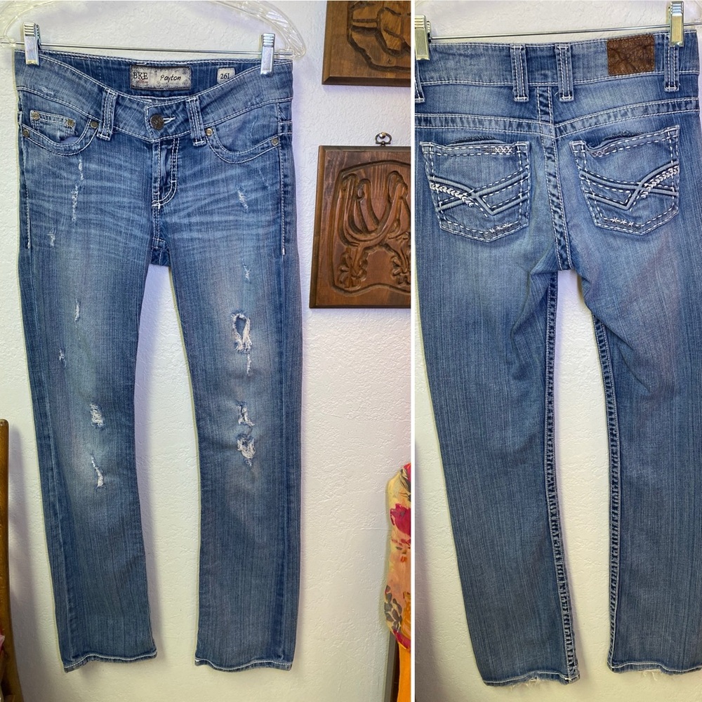 BKE Denim Payton Bootcut Jeans Low Rise Y2K 26 Long (29x33) Distressed Med Wash